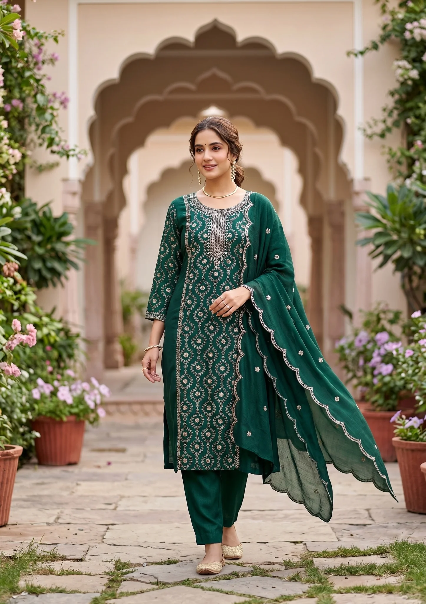 Bottle Green Soft Raw Silk Threadwork Anarkali Kurta With Regular Pant And Dupatta